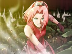 an anime character with pink hair and green eyes is standing in front of some rocks