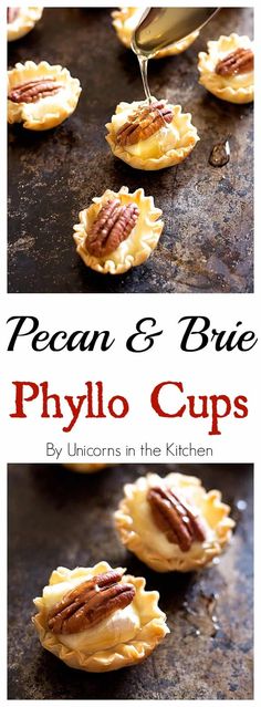 pecan and blue phylo cups on a baking sheet with text overlay