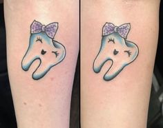 two small tattoos on the legs of people with toothpaste and bow ties around their heads