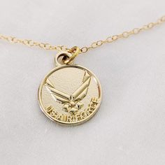 Gold-fill chainFeatures a chain extender: wear it as 16” or 18” length!Spring ring claspPendant is 16mm long & 2mm thickLaser-Cut Air Force design 💙 Air Force Logo, Mom Challenge, Usaf Thunderbirds, Army Mom Shirts, Gold Medallion Necklace, Air Force Mom, Chart Astrology, Marine Mom, Military Mom