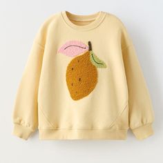 Nwt Zara Organic Cotton Blend Fuzzy Fruit Sweatshirt 1.5y (12-18m) (33.9 Inches) E Cute Yellow Long Sleeve Sweatshirt, Cute Yellow Sweatshirt For Fall, Cute Yellow Crew Neck Sweatshirt, Cute Yellow Long Sleeve Sweater, Cute Zara Tops For Fall, Sweet Cotton Tops For Winter, Sweet Cotton Top For Winter, Sweet Winter Cotton Tops, Cute Zara Long Sleeve Sweatshirt