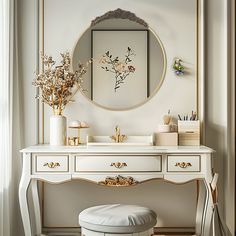 a white dressing table with a mirror and flowers on the top, along with a stool