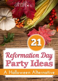 a wooden table topped with corn, leaves and other autumn decorations that says 21 information day party ideas