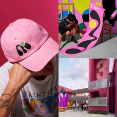 a man wearing a pink hat and sitting in front of a building