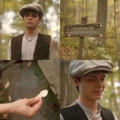 two pictures of a young man in the woods, one with a hat and another with a bow tie