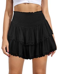 PRICES MAY VARY. 【Fabric】Womens Ruffle hem mini skirt is made of high-quality rayon fabric, soft and comfy, flowy and lightweight, skin-friendly and stretchly, makes you feeling well. 【Features】Shirred elastic high waist, stretchy smocked waistband, tiered ruffled layers, two-tiers of ruffles, flared flowy, fashion pleated hem, fully lined, inner lining, mini length, solid color, casual trendy style. This women's flowy skirt flows naturally when you walk and perfectly shows your charm. 【Occasion