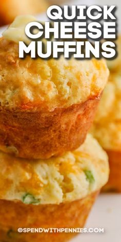 three muffins stacked on top of each other with the words quick cheese muffins above them