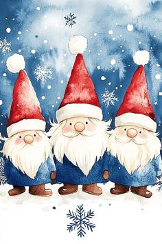 three gnomes are standing in the snow wearing red hats and blue coats with snowflakes on them