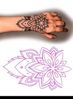 a person's hand with a tattoo on it and a drawing of a flower