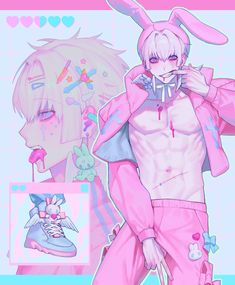 an anime character with pink hair and bunny ears on his head, holding onto a pair of sneakers