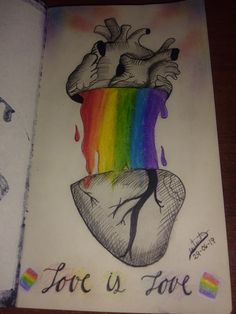 a drawing of a heart with a rainbow painted on it and the words love is love written below