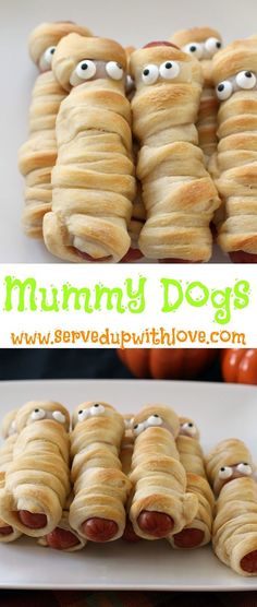 some very cute looking food with googly eyes on them and the words mummy dogs written in