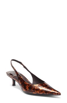 A stretchy slingback strap secures your stride in the airy elegance of a pointy-toe pump with a refined, minimalist design. 2" heel (size 8.5) Leather, textile or synthetic upper/synthetic or leather and textile lining/synthetic sole Imported Fitted Brown Slingback Pumps With Pointed Toe, Modern Fitted Slingback Kitten Heels, Elegant Fitted Brown Slingback Pumps, Slingback Heels With Sculpted Heel, Medium Width, Brown Pointed Toe Slingback Pumps, Elegant Slip-on Kitten Heels With Sculpted Heel, Leather Kitten Heels With Ankle Strap, Medium Width, Fitted Synthetic Slingback Pumps With 4-inch Heel, Luxury 4-inch Slingback Kitten Heels