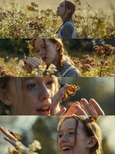 two girls in a field with butterflies on their hands and one girl looking up at the sky