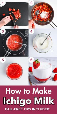 Six-step photo tutorial showing how to make fresh Japanese strawberry milk from chopped berries to layered pink drink garnished with strawberry