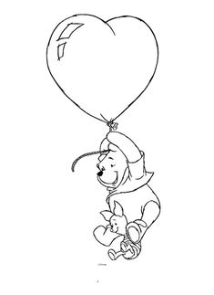 winnie the pooh flying with a heart balloon coloring pages for kids, printable