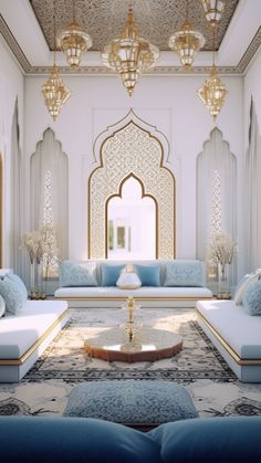 a living room filled with blue couches and white walls covered in intricately designed furniture