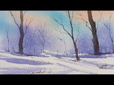 watercolor painting of trees in the snow