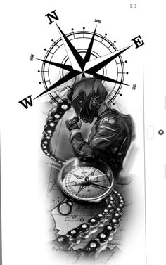 a black and white photo of a man with a clock on his face, in front of a compass