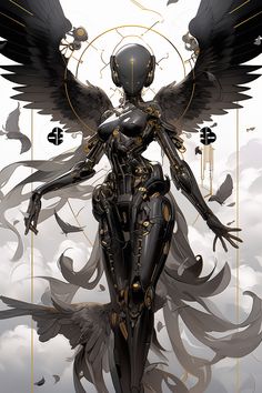 an illustration of a woman with black wings and gold accents on her body, standing in front of clouds