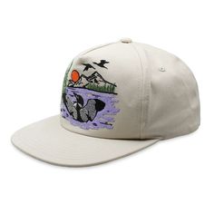 This hat features an embroidered scene with loons swimming and flying in a rugged lakeside landscape. Outdoor Embroidered Hat With Curved Brim, Embroidered Curved Brim Hat For Outdoor, Embroidered Snapback Hats For Outdoor, Mallard Duck, Birds, Swimming, Lake, Hats