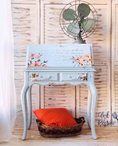 an old desk painted white with flowers on it and the text chalk painted secretary desk