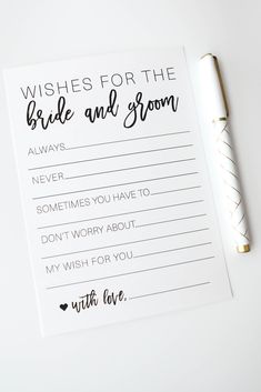 a note with the words wishes for the bride and groom on it next to a pen