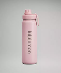 a pink insulated water bottle with the word unleaven written in black on it