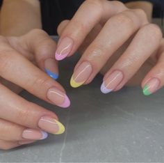 Gel French Tip, French Nails Design, Acrylic Nails Chrome, Rainbow French, Oval Acrylic Nails, Press On Nails Almond, French Tip Press On Nails, Spring Acrylic Nails, Romantic Nails