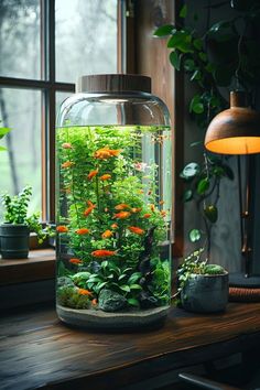 a fish tank filled with plants on top of a wooden table next to a window