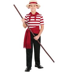 Embrace your young one's first crush with this Venice Gondolier Costume for kids. This striped shirt and black pant combo is made of jersey material and the pant has an elastic waistband. The sash and neck scarf come included and can be tied as desired and the look is topped off with a straw hat and you're ready for your Venice evening. Italian Costume Ideas, Costume Ideas For Boys, Italian Traditional Dress, Italian Costume, Dinner Party Outfits, Easy Diy Costumes, Travel 2024, Outfit References, Kids Costumes Boys