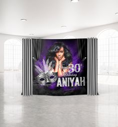 an image of a birthday party banner with a masquerade mask on the front