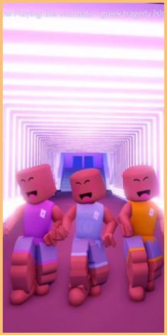 three cartoon characters are sitting in a room with purple and yellow walls, one is holding his hand out to the other