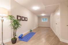 an empty room with a yoga mat and potted plant on the floor next to it