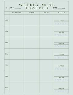 the weekly meal tracker is shown in this printable version, which includes food and drinks