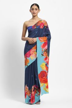 Blue cobalt saree with hand-painted French roses, embellished with sequins and crystals. Comes with running blouse piece. - Aza Fashions Embellished Saree, French Roses, Satya Paul, Blue Cobalt, Blouse For Women, Blouse Pattern, Blouse Piece, Aza Fashion, Cobalt