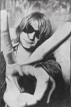 a black and white drawing of a man with sunglasses holding his arm up to the side