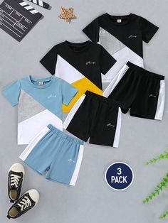 Multicolor Casual Collar   Color combinado,Letras  Embellished Elástico Ligero Streetwear Spring, Patchwork Print, Matching Shorts, Shorts Casual, Boys Set, Boys Clothing, Print T Shirts, Color Blocking, Print T Shirt