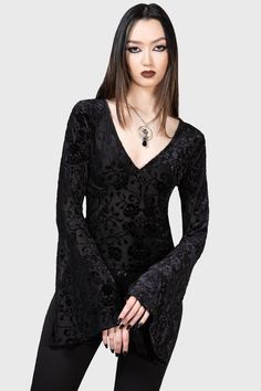 Woodland Gleam Long Sleeve Top Trad Goth Outfits, Edgy Tops, Velvet Top Long Sleeve, Gothic Tops, Vest Crop Top, Black Parade, Burnout Velvet, Flared Sleeves Top, Warm Sweaters