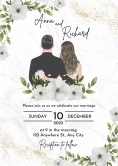 the wedding announcement is shown with white flowers and greenery on it, as well as an image of a bride and groom