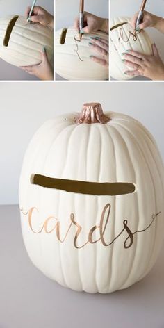 how to make a pumpkin with the word carols painted on it and gold lettering