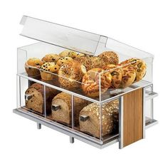 a display case filled with lots of different types of breads and muffins