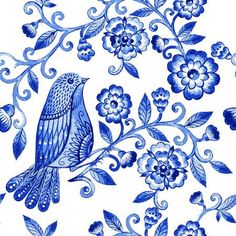 blue flowers and birds on a white background