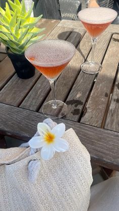 two cocktails sitting on top of a wooden table next to a potted plant