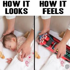 a baby laying on top of a bed next to a person holding a stuffed animal