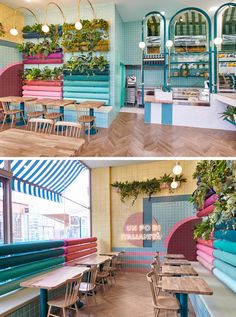 the inside and outside of a restaurant with colorful walls