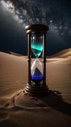 an hourglass in the middle of a desert under a night sky filled with stars