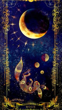 an image of the moon and stars in the sky with gold trimmings on it