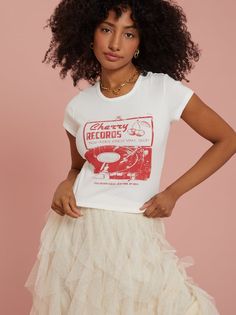 Embrace your vintage spirit in this classic fit baby tee featuring a Cherry Records NY graphic. Baby Tee Outfit, Say What You Mean, Graphic Baby Tee, Baby Graphic Tees, Sweatshirts For Women, Altar'd State, Sweater Sale, Graphic Tees Women, Large Size Dresses