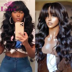 Body Wave With Bangs 13*6 Lace Front Wig Brazilian Human Hair 360 Full Lace Wigs Bangs For Black Women, Wavy Wig With Bangs, Bang Wig, Human Lace Wigs, Long Curly Wig, Human Wigs, Wavy Wig, Wig Human Hair, Curly Hair With Bangs